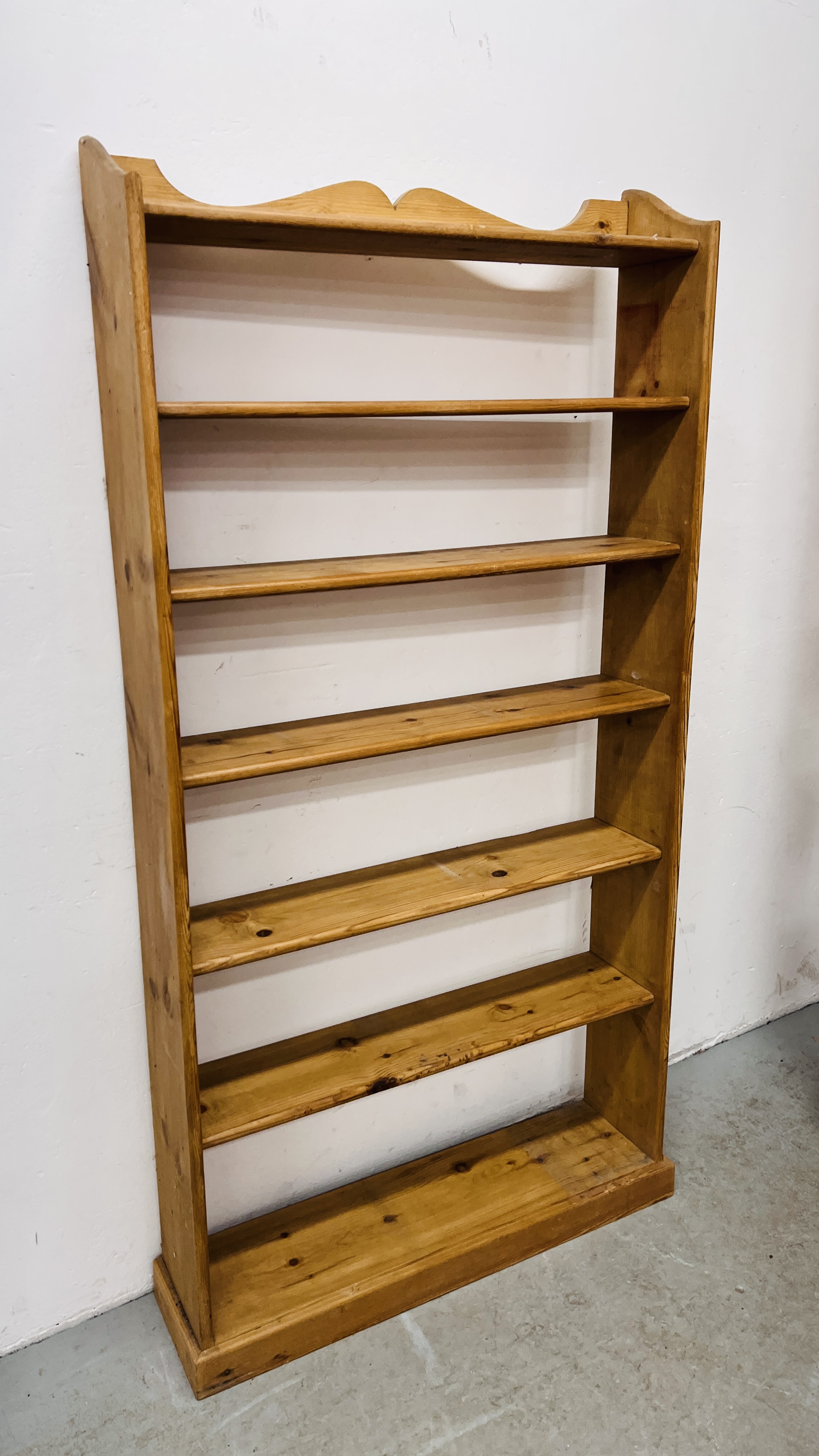 THREE WAXED PINE OPEN BOOK SHELVES TO INCLUDE 1 X SEVEN TIER WIDTH 88CM. HEIGHT 176CM. - Image 2 of 6