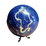 A LARGE LAPIS LAZULI SPHERE DEPICTING AN APPLIED COUNTRY OUTLINED IN 18CT GOLD SET WITH TWO