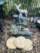 A COLLECTION OF DECORATIVE GARDEN STONEWORK TO INCLUDE DEER, BOY WITH BARROW,