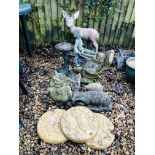 A COLLECTION OF DECORATIVE GARDEN STONEWORK TO INCLUDE DEER, BOY WITH BARROW,