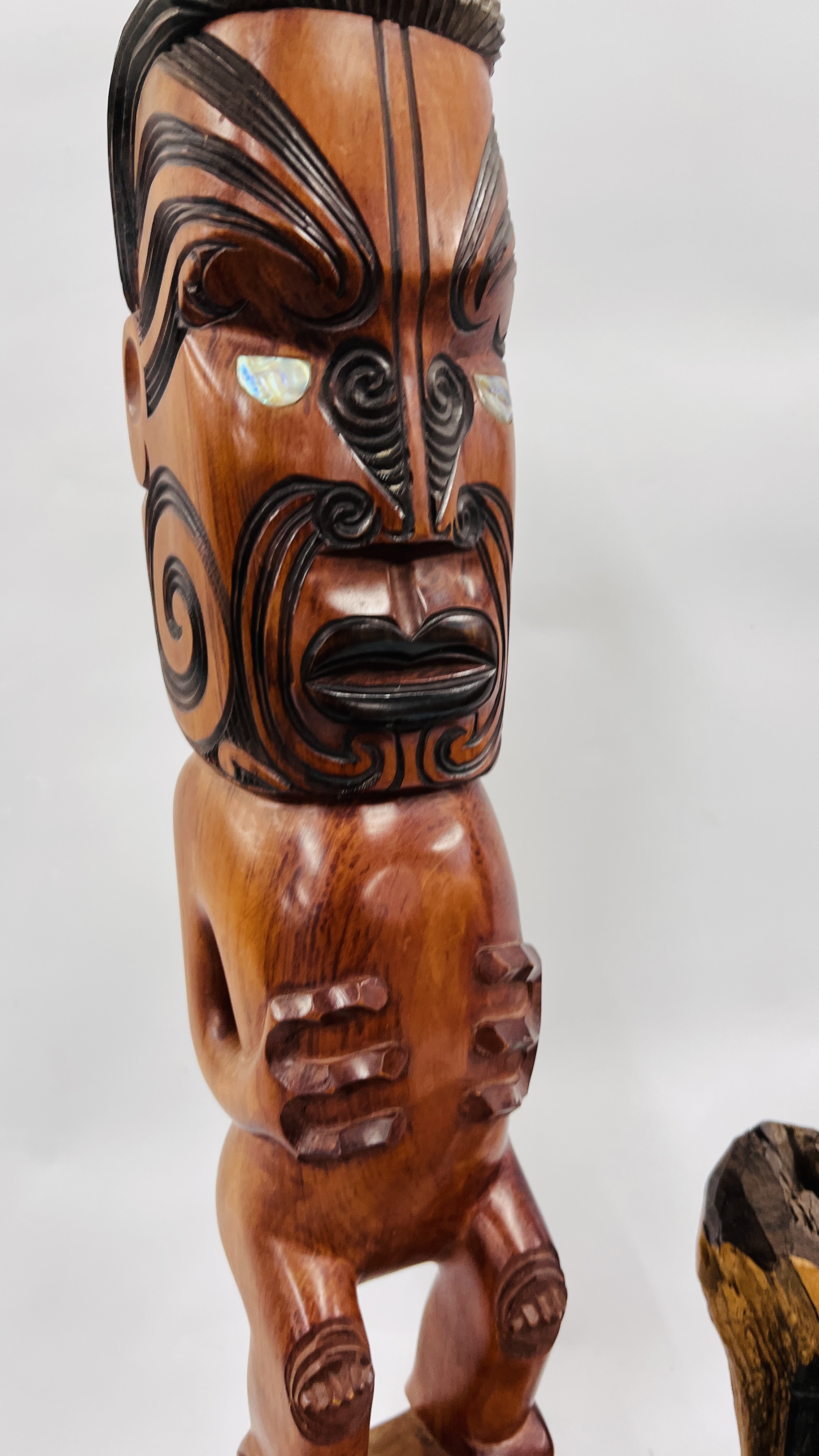 AN ETHNIC HARDWOOD CARVING HEIGHT 22CM., TRIBAL WALL MASK HEIGHT 40CM. - Image 5 of 7