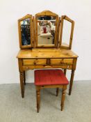 SOLID HONEY PINE TWO DRAWER DRESSING TABLE WITH TRIPLE VANITY MIRROR AND STOOL WIDTH 94CM.