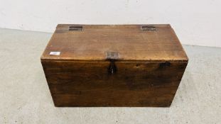 AN ANTIQUE HARDWOOD TREASURY BOX WIDTH 59CM. DEPTH 30CM. HEIGHT 32CM.