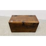 AN ANTIQUE HARDWOOD TREASURY BOX WIDTH 59CM. DEPTH 30CM. HEIGHT 32CM.