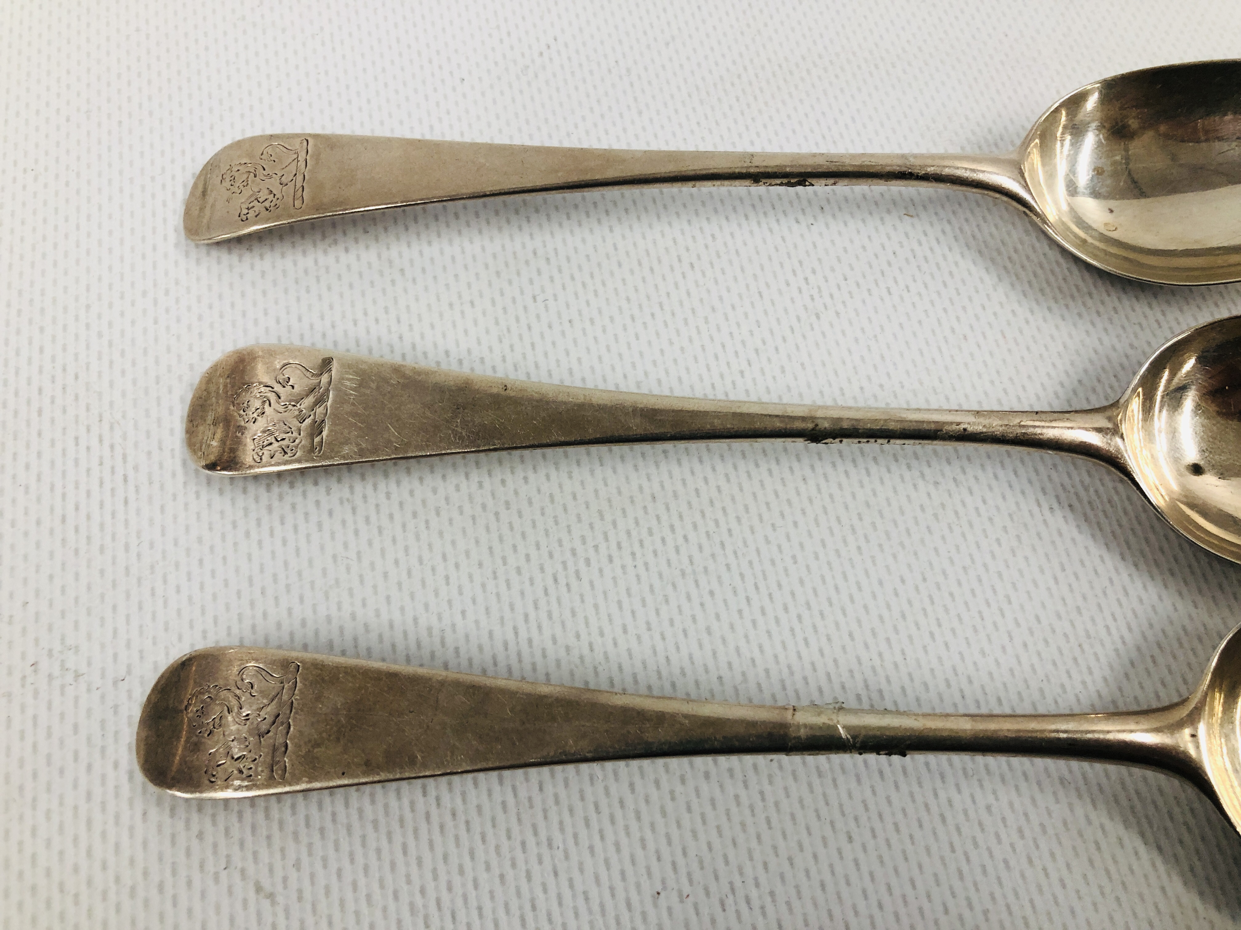 THREE GEORGE II SILVER OLD ENGLISH PATTERN DESSERT SPOONS, PROBABLY LONDON 1759. - Image 3 of 8