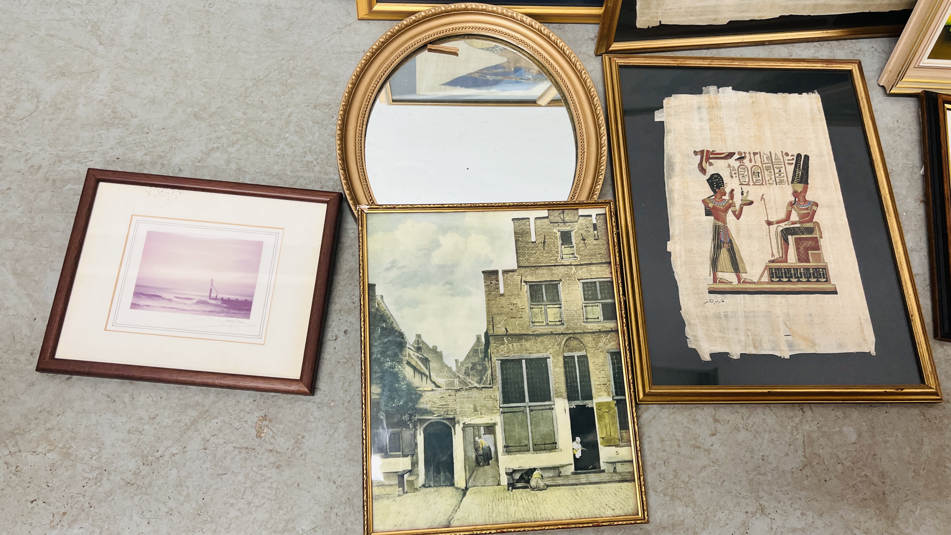 A BOX OF ASSORTED FRAMED PICTURES TO INCLUDE THREE EGYPTIAN PAPYRUS PICTURE, - Image 4 of 5