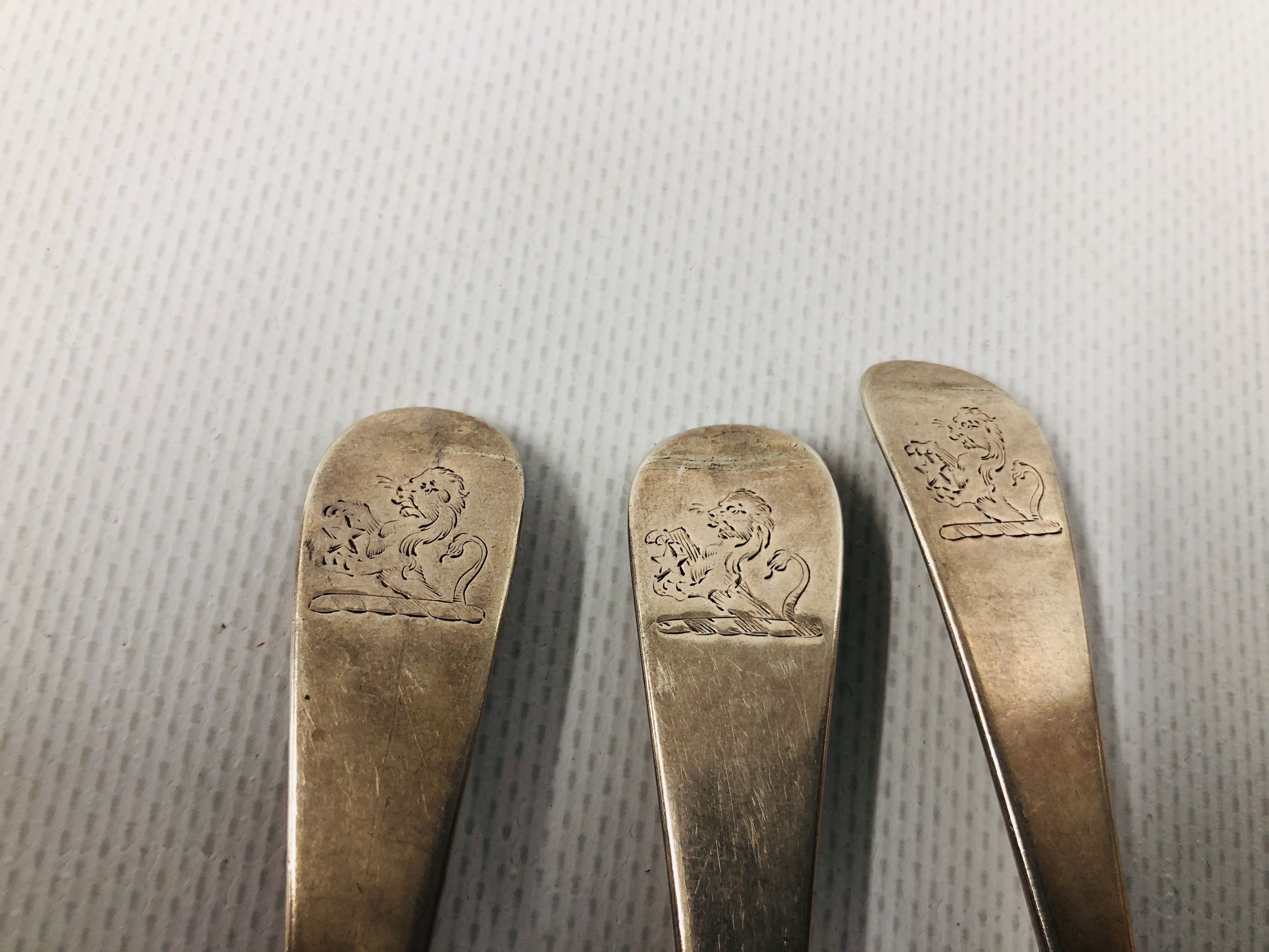 THREE GEORGE II SILVER OLD ENGLISH PATTERN DESSERT SPOONS, PROBABLY LONDON 1759. - Image 4 of 8