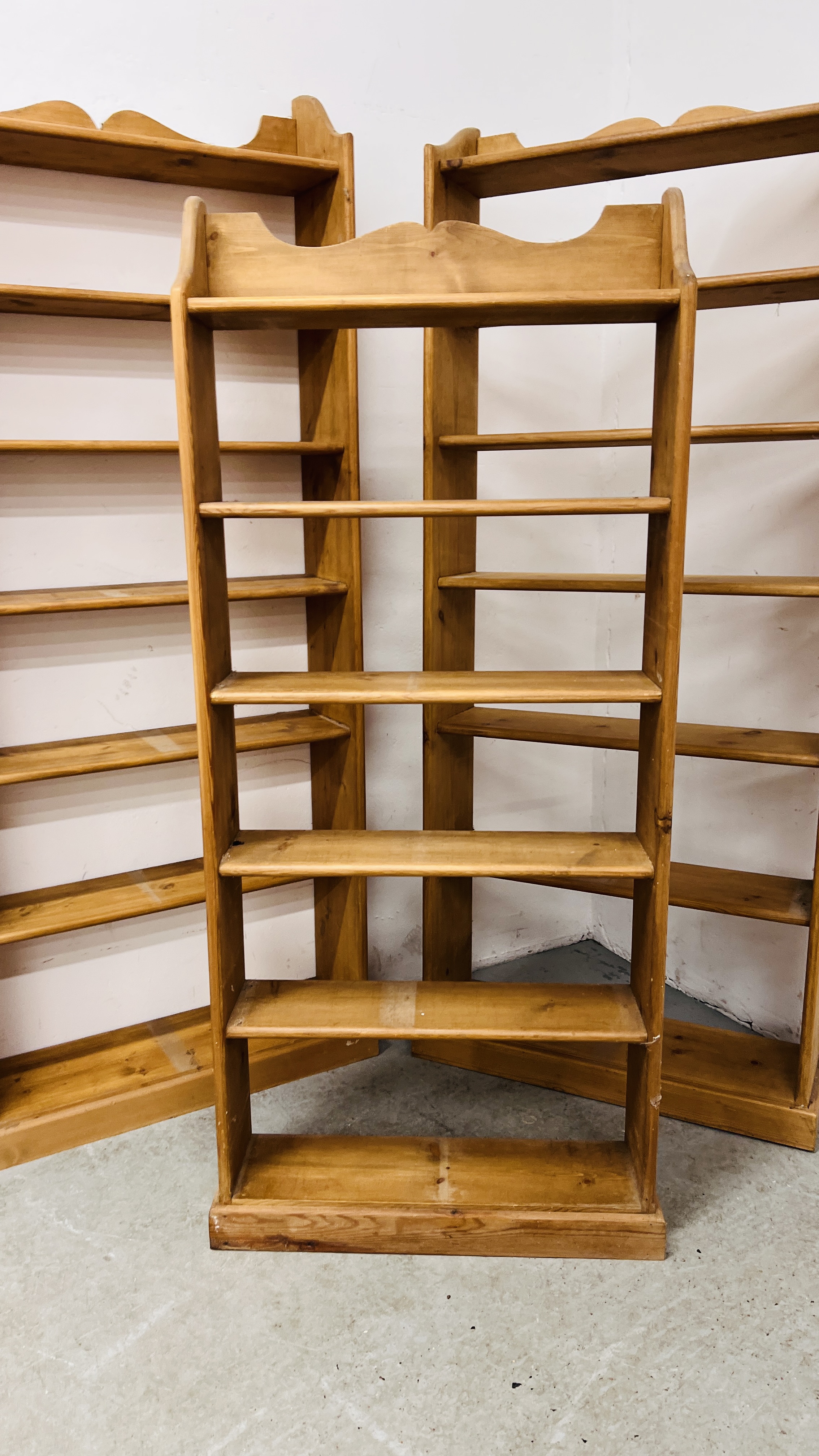 THREE WAXED PINE OPEN BOOK SHELVES TO INCLUDE 2 X SEVEN TIER WIDTH 73CM. HEIGHT 174CM. - Image 2 of 14