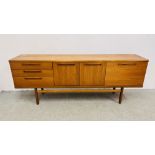 A MID CENTURY TEAK FINISH SIDEBOARD LENGTH 211CM. DEPTH 43.5CM. HEIGHT 80CM.