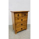 A RUSTIC PINE TWO OVER THREE DRAWER LOW CHEST HEIGHT 64CM. WIDTH 46CM. DEPTH 31CM.