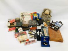 BOX ASSORTED COLLECTIBLES TO INCLUDE ADVERTISING TINS, COINS, BESWICK OWL, POCKET PEN KNIVES, DARTS,