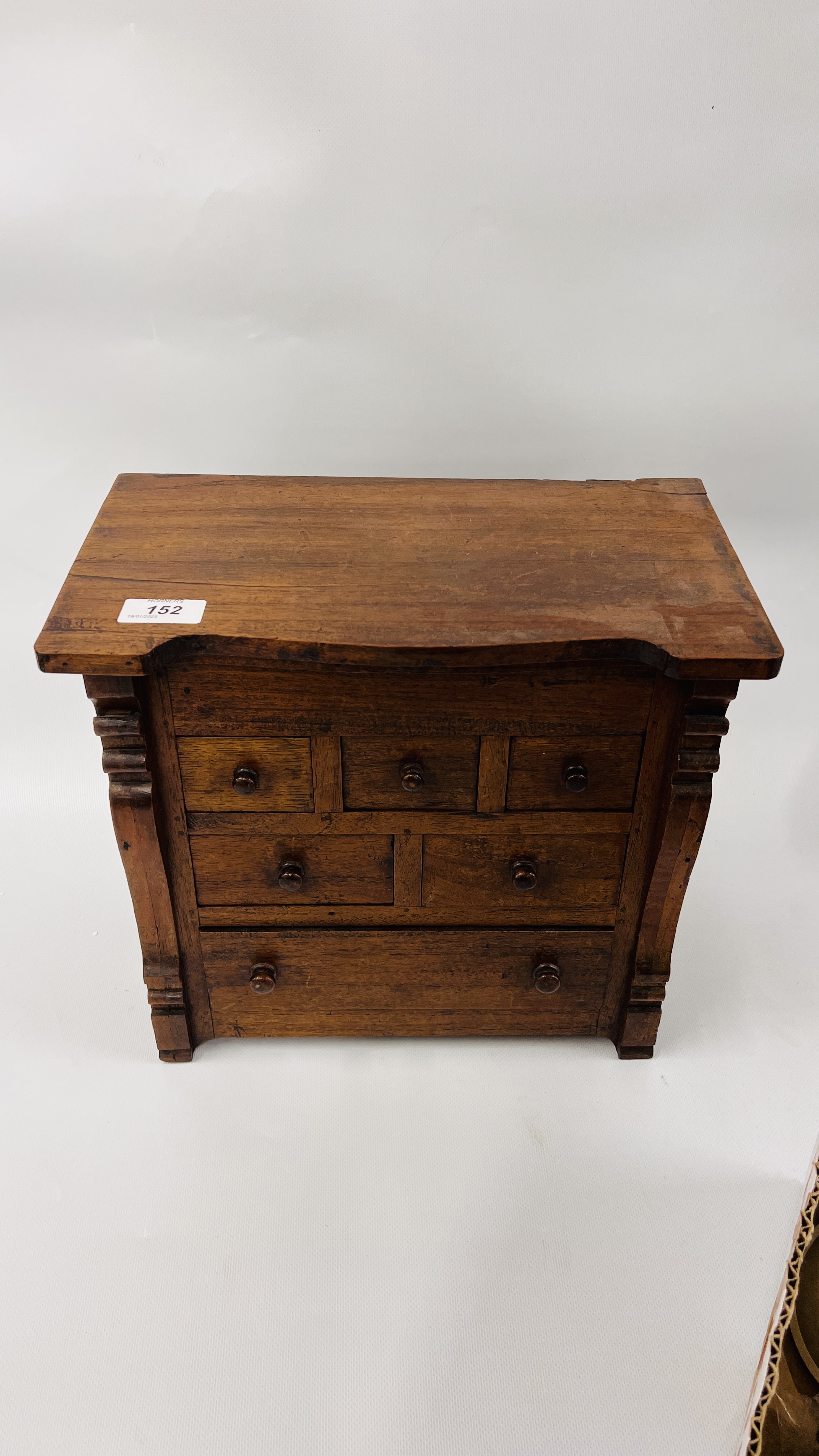 A MINIATURE HARDWOOD MULTI DRAWER CHEST WITH HINGED TOP - WOULD BE IDEAL FOR SEWING ACCESSORIES - Image 2 of 9