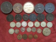 TUB OF MIXED GB COINS INCLUDING SILVER, 1855 COPPER PENNY, 1913 ONE THIRD FARTHING, ETC.