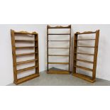 THREE WAXED PINE OPEN BOOK SHELVES TO INCLUDE 1 X SEVEN TIER WIDTH 88CM. HEIGHT 176CM.