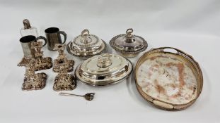 BOX OF ASSORTED PLATED WARE TO INCLUDE TWO HANDLED OVAL TRAY,