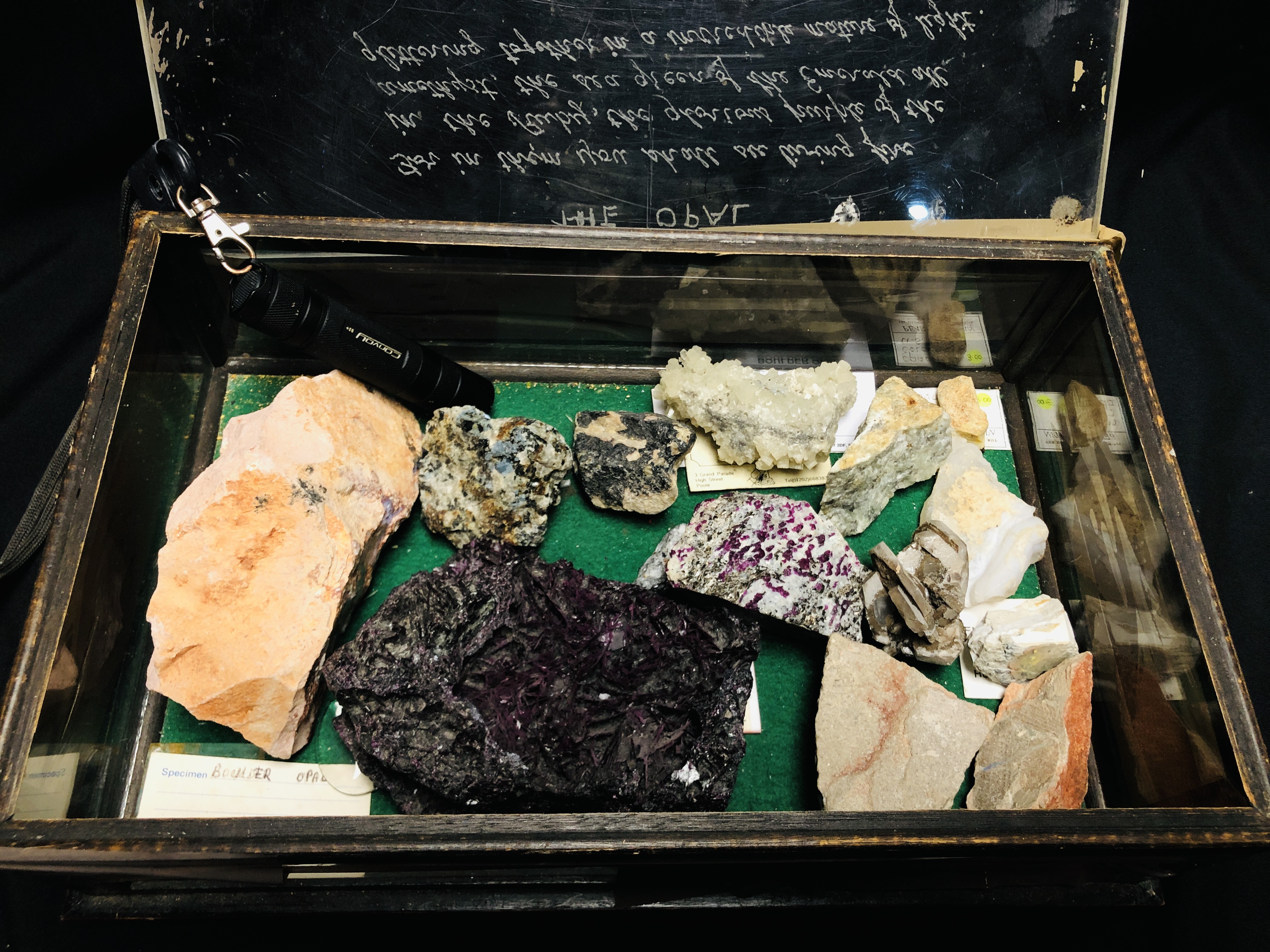 A COLLECTION OF CRYSTAL AND MINERAL ROCK EXAMPLES IN A DISPLAY CASE INSCRIBED "THE OPAL" FOR IN