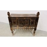 AN EASTERN HARDWOOD HAND CARVED DOWRY CHEST/CUPBOARD WIDTH 89CM. DEPTH 33CM. HEIGHT 91CM.