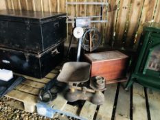 A HOBBIES TREADLE FRET SAW, SET OF VINTAGE BALANCE SCALES AND VINTAGE SEWING MACHINE.
