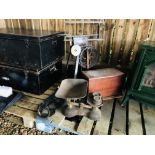 A HOBBIES TREADLE FRET SAW, SET OF VINTAGE BALANCE SCALES AND VINTAGE SEWING MACHINE.