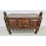 A RUSTIC EASTERN HAND PAINTED HUTCH DECORATED WITH DANCING FIGURES HEIGHT 77CM. WIDTH 99CM.