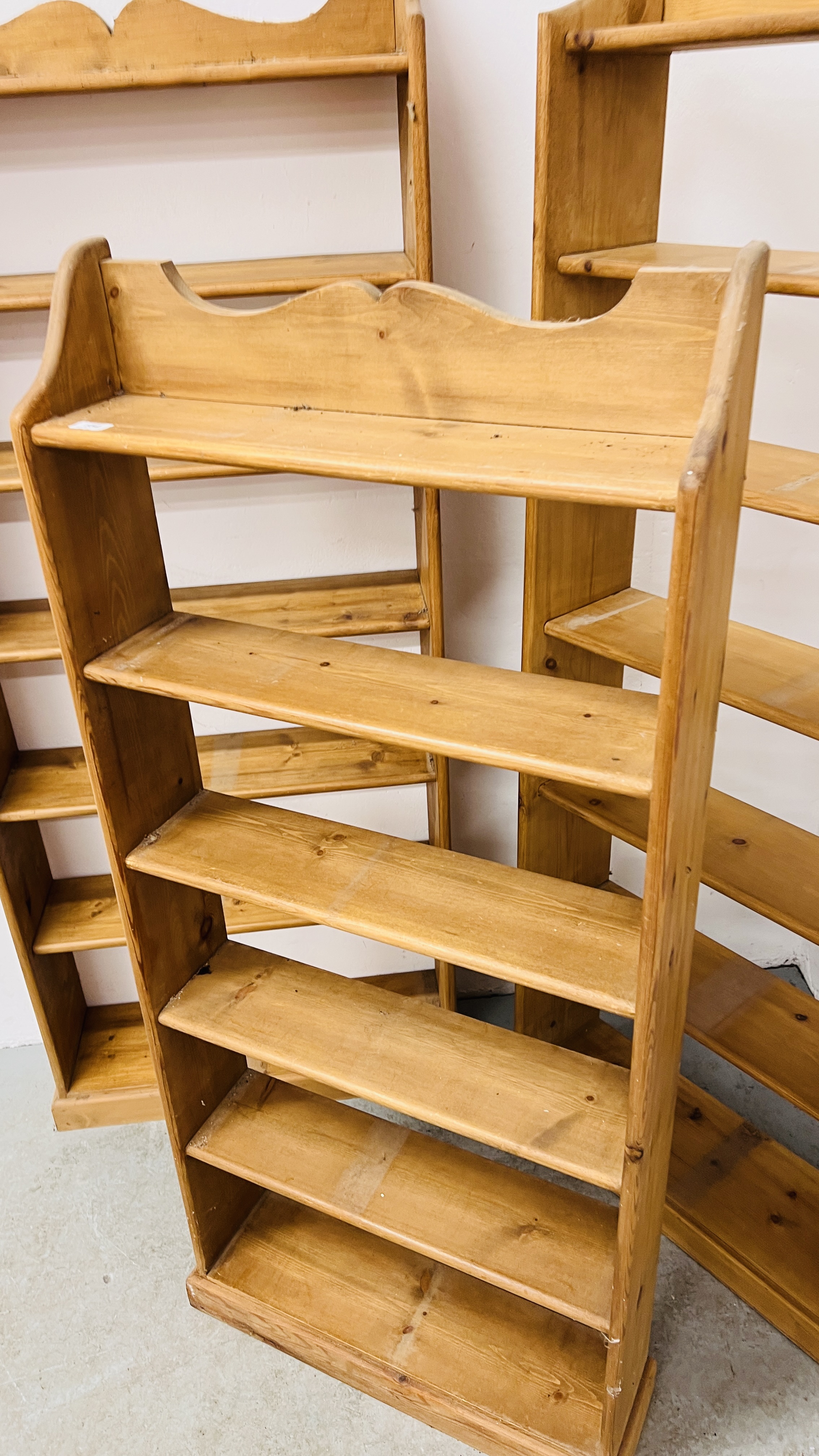 THREE WAXED PINE OPEN BOOK SHELVES TO INCLUDE 2 X SEVEN TIER WIDTH 73CM. HEIGHT 174CM. - Image 4 of 14