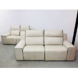 A PAIR OF CREAM LEATHER DESIGNER TWO SEATER SOFAS EACH HAVING ONE ELECTRIC RECLINING FUNCTION -