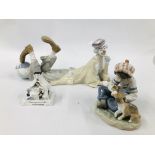 LLADRO CLOWN FIGURE IN LAYING POSE MY-22 H LENGTH 37CM AND LLADRO SEATED BOY WITH PUPPY A/F