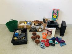 SIX BOXES OF MIXED SUNDRIES TO INCLUDE 16 PIECE DINNER SET, VINTAGE SCALES, FISHER PRICE TOYS,