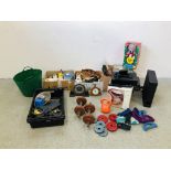 SIX BOXES OF MIXED SUNDRIES TO INCLUDE 16 PIECE DINNER SET, VINTAGE SCALES, FISHER PRICE TOYS,