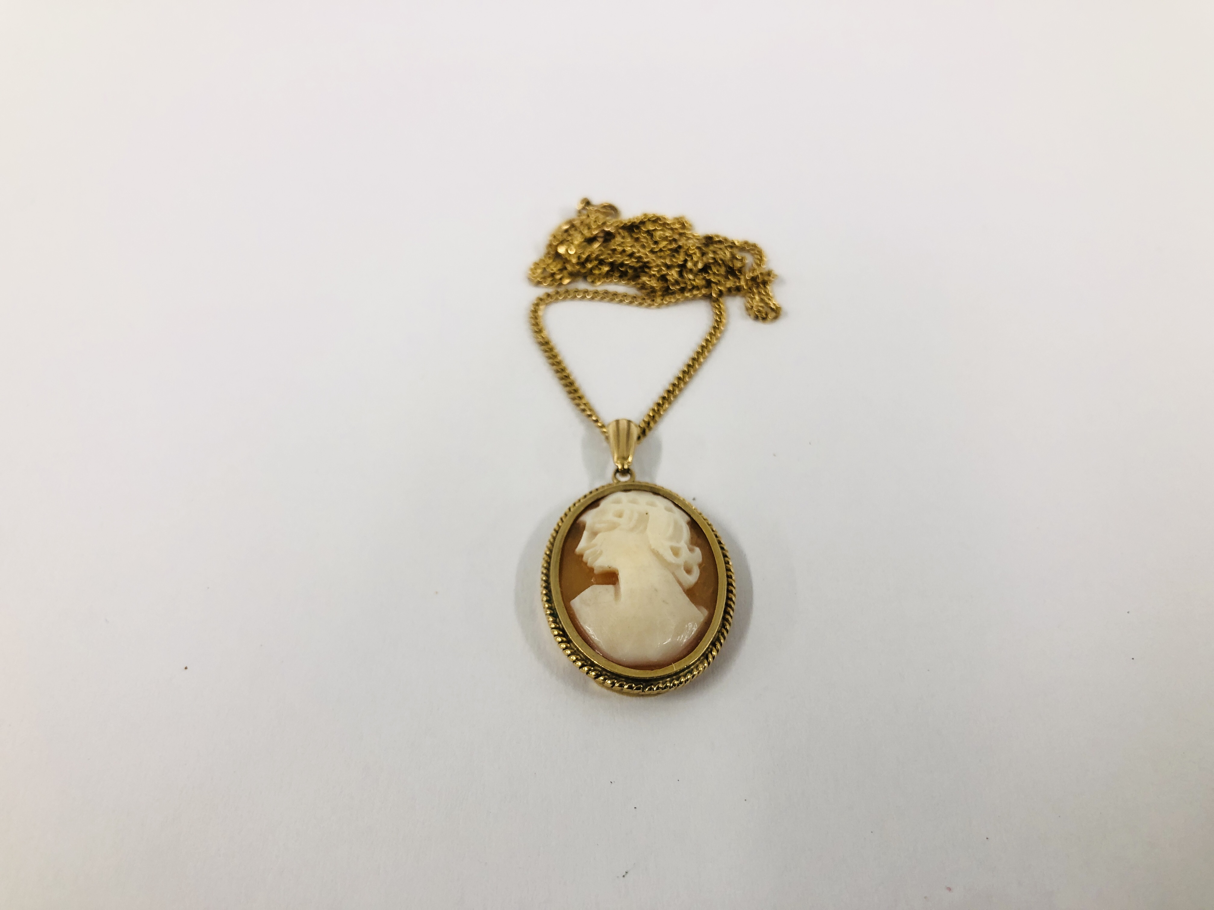 9CT. GOLD CAMEO PENDANT IN AN OVAL SETTING ON A FINE 9CT.