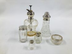 VARIOUS SILVER TOP GLASS ITEMS INCLUDING "ASPREYS".