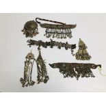 A GROUP OF ASSORTED EASTERN STYLE WHITE METAL JEWELLERY AND GARMENT / HEAD ACCESSORIES,