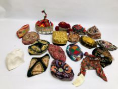 A BOX OF ASSORTED EASTERN AND ASIAN HATS TO INCLUDE WOVEN, EMBROIDERED,