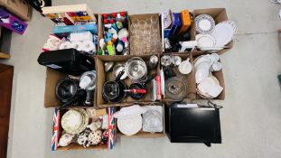 11 BOXES OF HOUSEHOLD SUNDRIES TO INCLUDE KITCHENALIA, COOKING PANS, BOWLS, GLASSWARE,