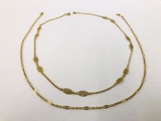 AN ELEGANT NECKLACE OF FINE DESIGN MARKED RL 18K ALONG WITH A FURTHER YELLOW METAL EXAMPLE.