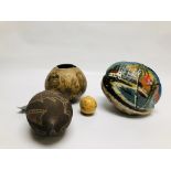 A NUT CARVED BY ABORIGINES DEPICTING SEA CREATURES A/F ALONG WITH A VESSEL MADE USING A NUT