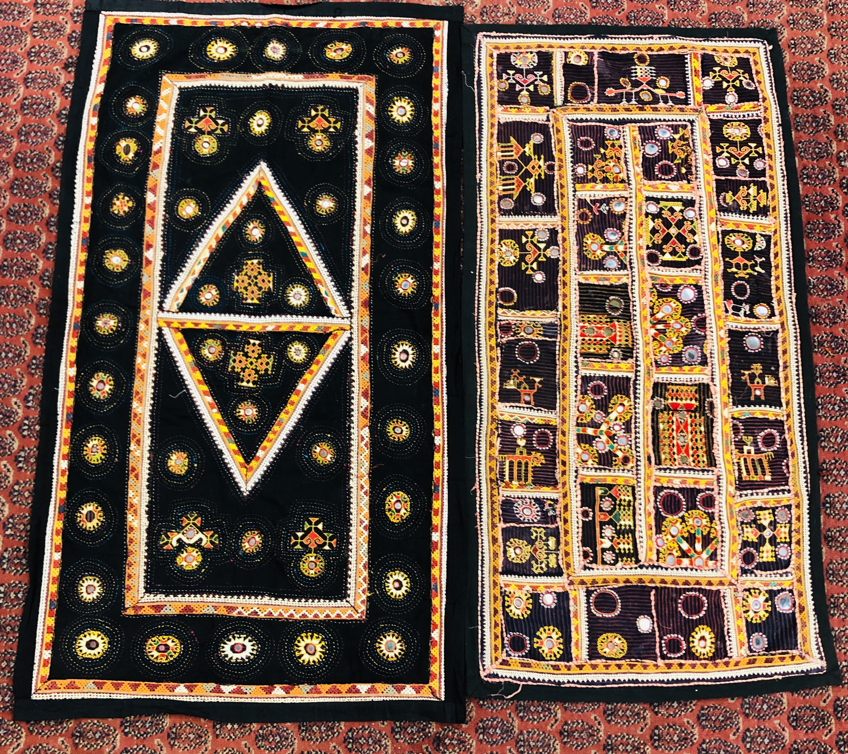 TWO INDIAN HAND EMBROIDERY PATCHWORK WALL HANGINGS TO INCLUDE SHISHA EXAMPLES,