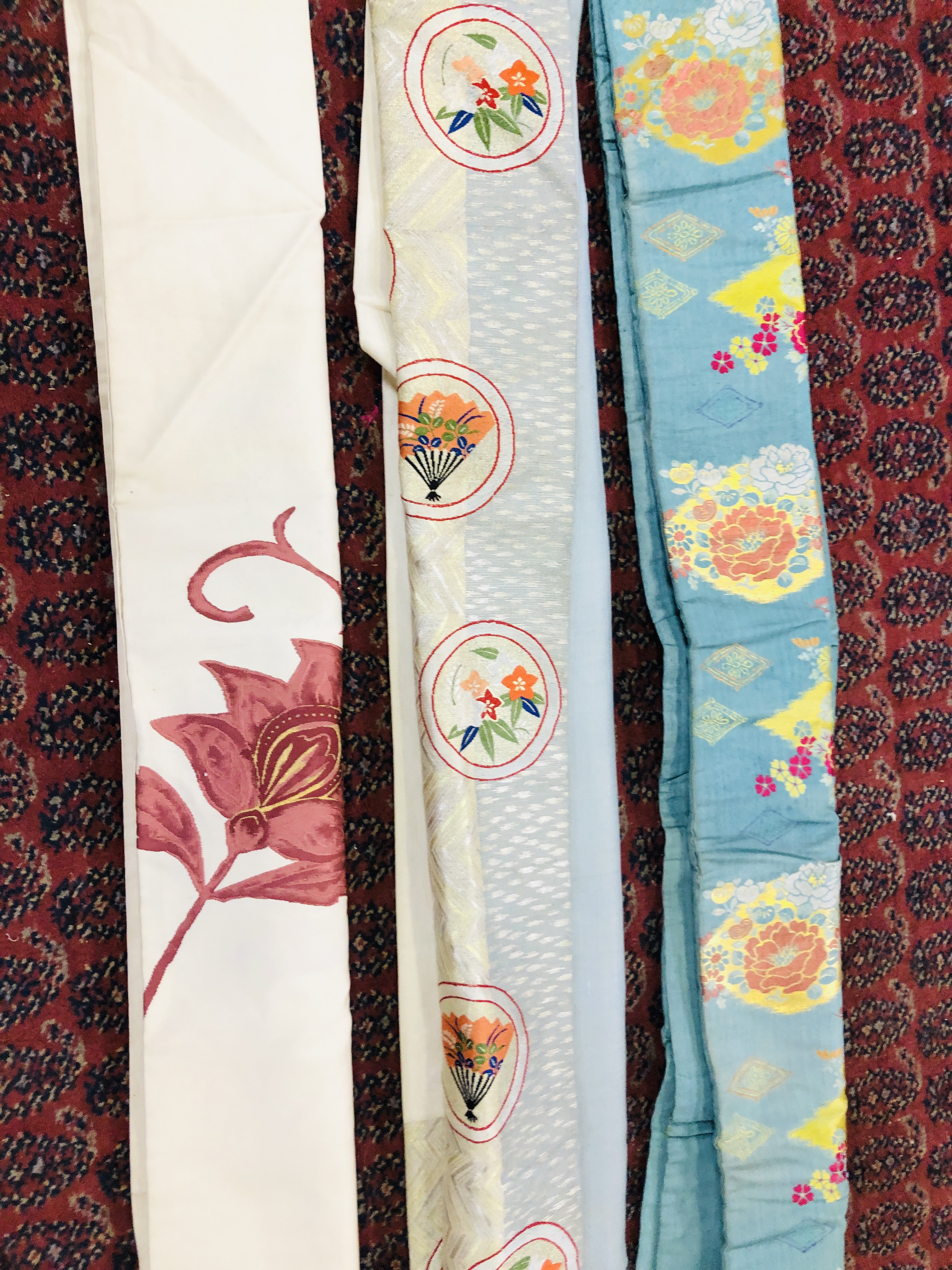 A GROUP OF THREE ORIENTAL SILK STYLE EMBROIDERED "OBI". - Image 3 of 12