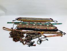 BOX OF EASTERN AND ASIAN TRIBAL ART BELTS AND PANELS TO INCLUDE EMBROIDERED,