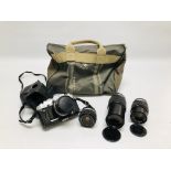 AN OLYMPUS S/R OM30 CAMERA WITH LEATHER CASE ALONG WITH 4 OLYMPUS LENSES TO INCLUDE 50MM, 28MM,