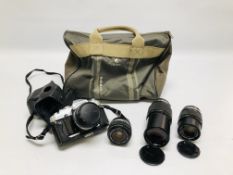 AN OLYMPUS S/R OM30 CAMERA WITH LEATHER CASE ALONG WITH 4 OLYMPUS LENSES TO INCLUDE 50MM, 28MM,