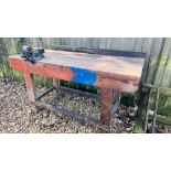 A HEAVY WOODEN WORKSHOP BENCH MOUNTED WITH WODEN ENGINEERING VICE, W 168CM, D 64CM, H 84CM.