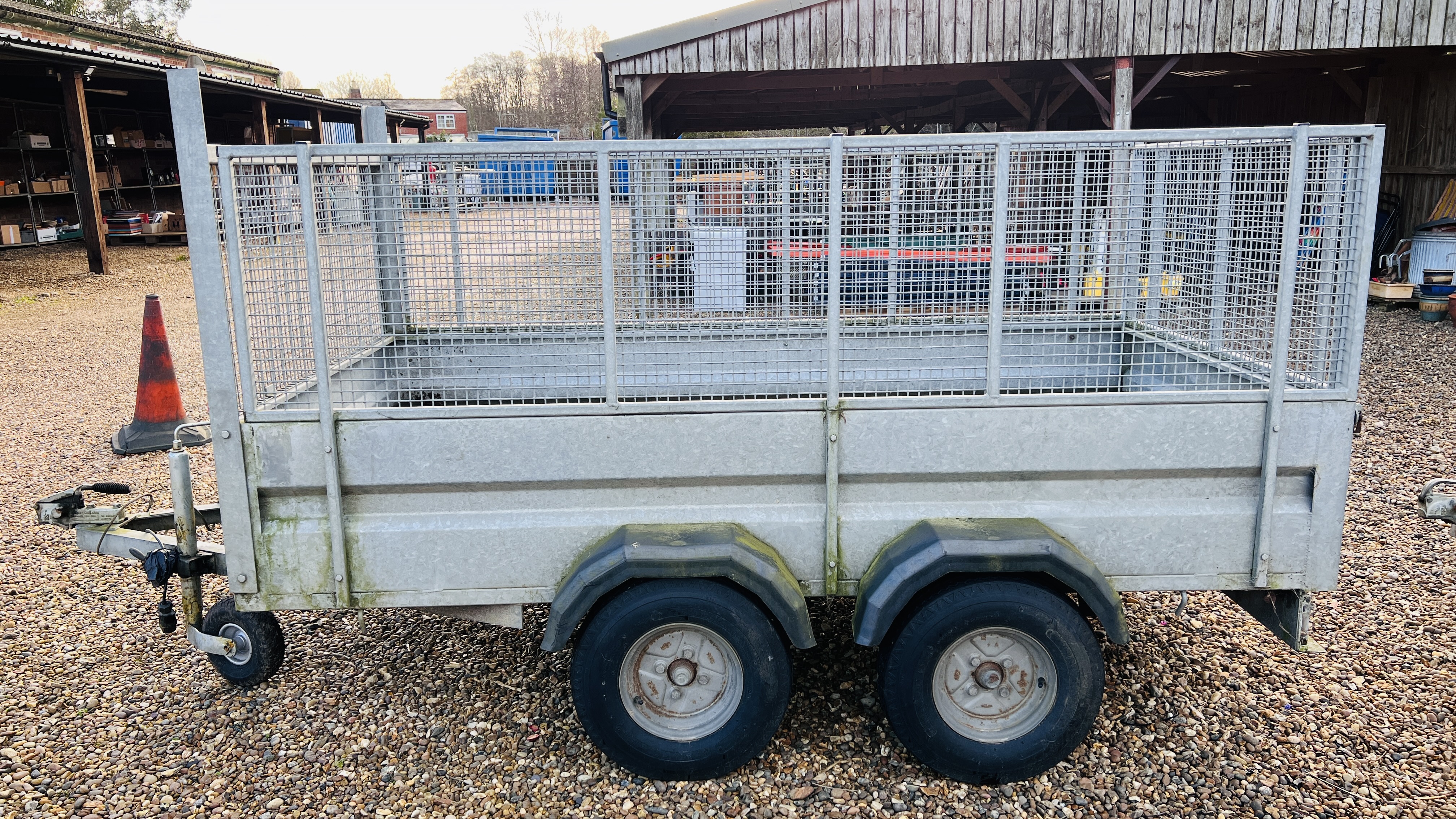 A PAGE TRAILERS TWIN AXLE GALVANISED CAR TRAILER WITH CAGE TOP, 8FT 7INCH X 4FT 7 INCH. - Image 4 of 14