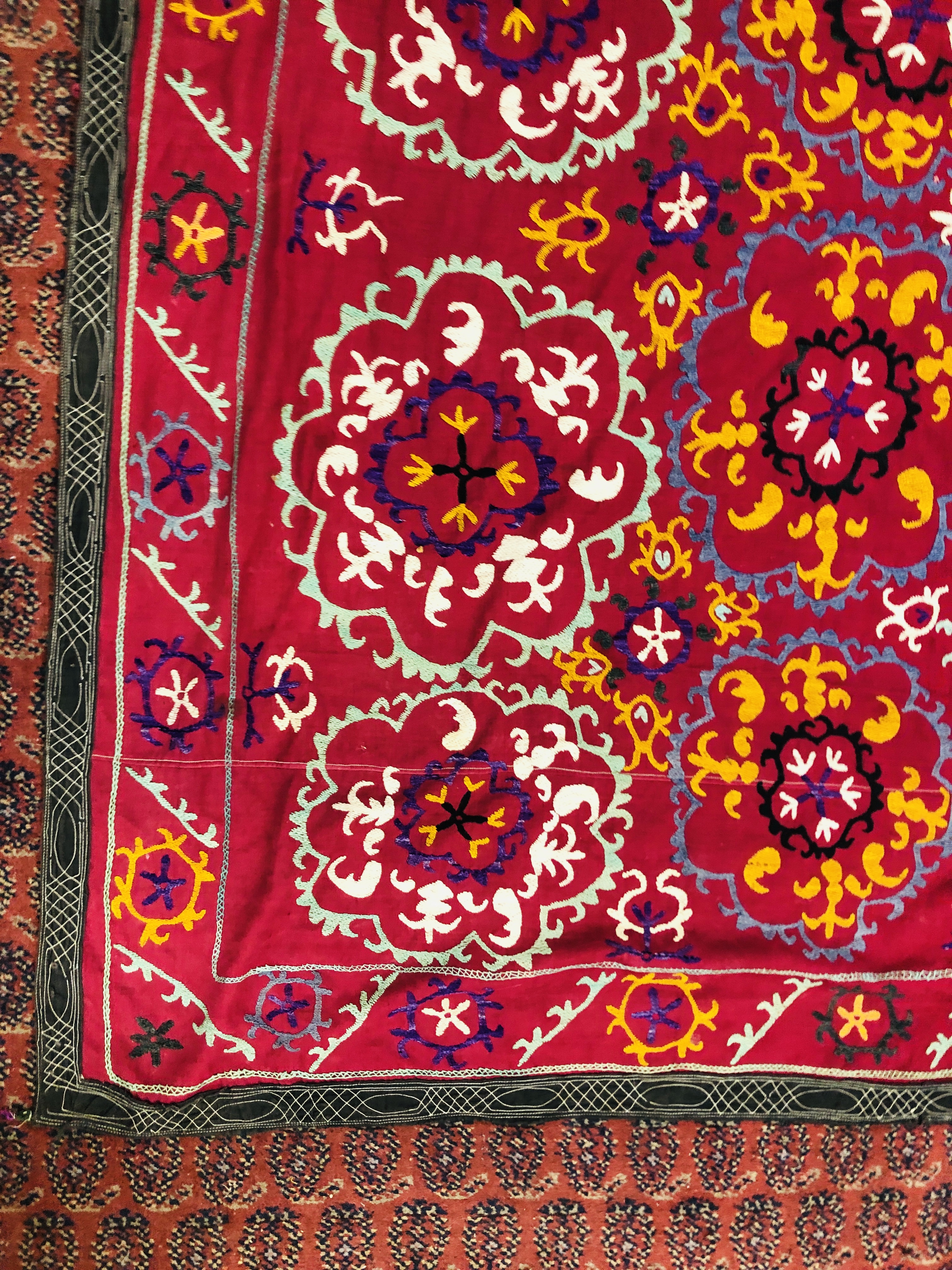 A SUZANI EMBROIDERED ON A PLUM FIELD, 180CM X 171CM. - Image 3 of 8