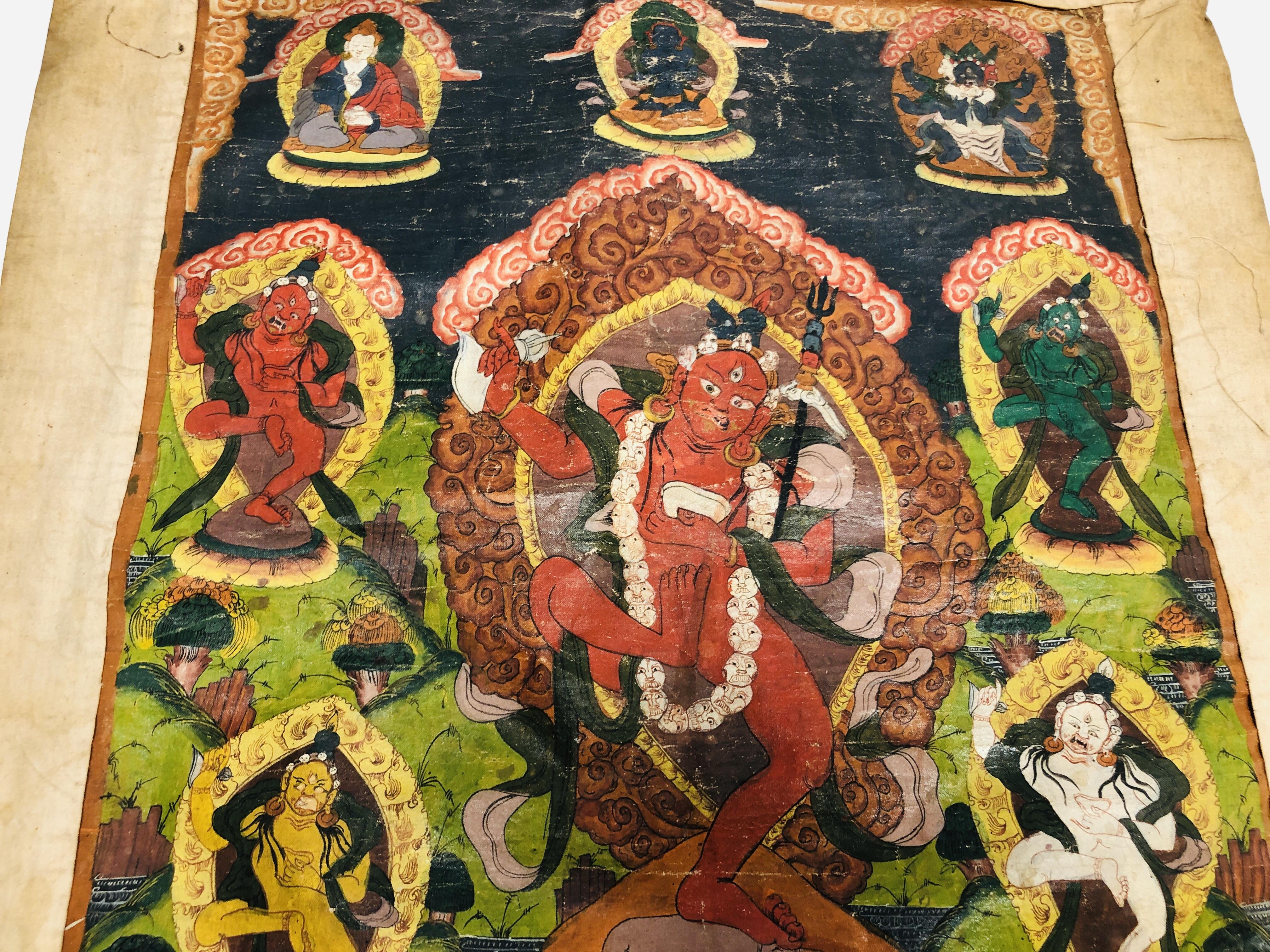 A TIBETAN THANGKA, DEPICTING CENTRAL DEITY SURROUNDED BY FURTHER FIGURES, PROBABLY YAMARAJA, - Image 4 of 17