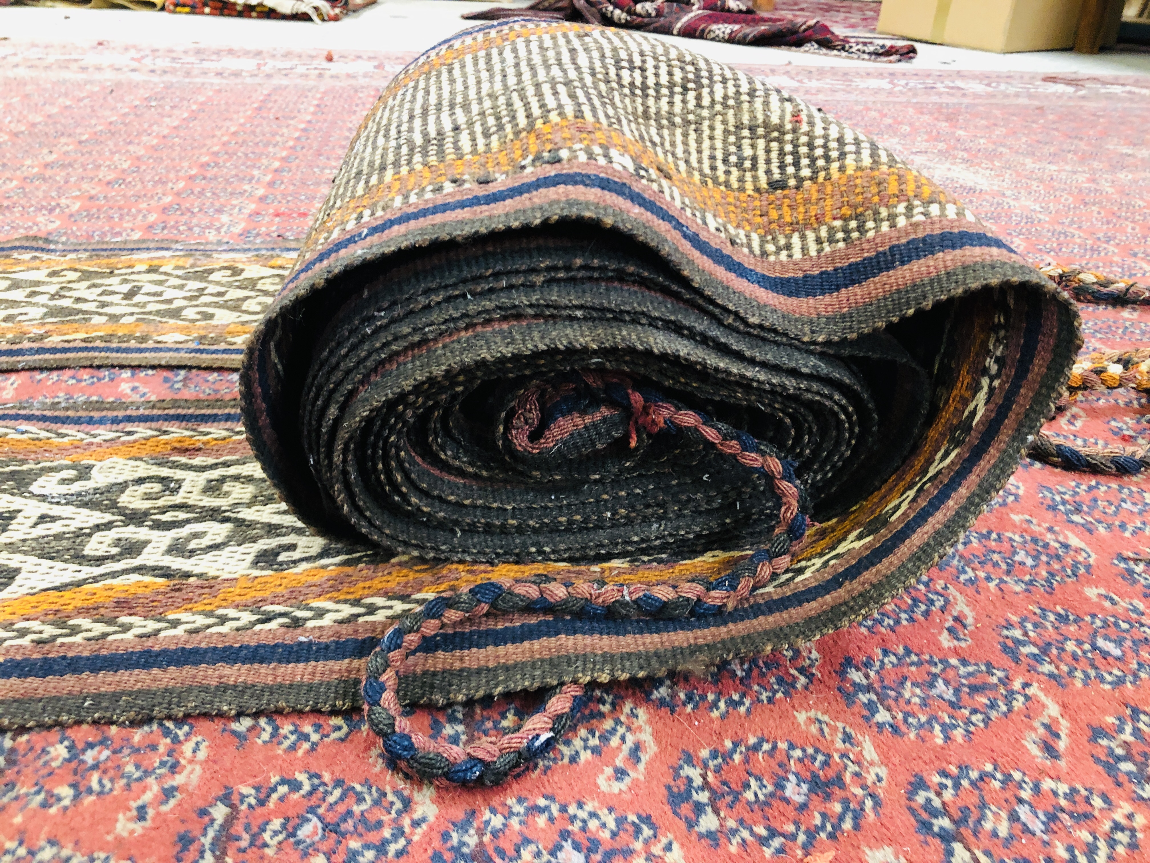 A LARGE FLAT WEAVE RUNNER AFGHAN STYLE 13.2M. X 0. - Image 2 of 7