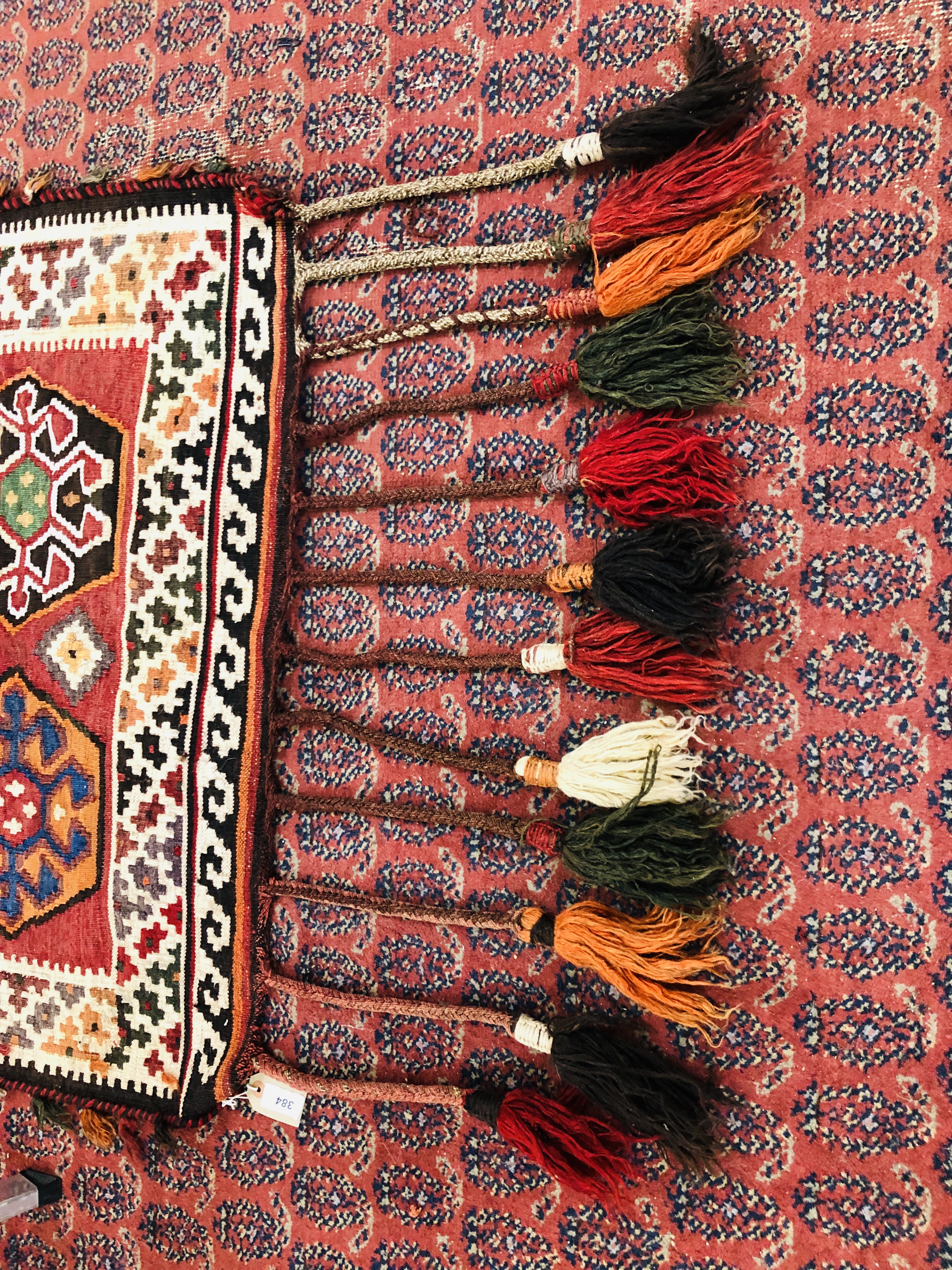 AFGHAN KELIM FOUR HEXAGONAL MOTIF ON A RED FIELD, - Image 3 of 5