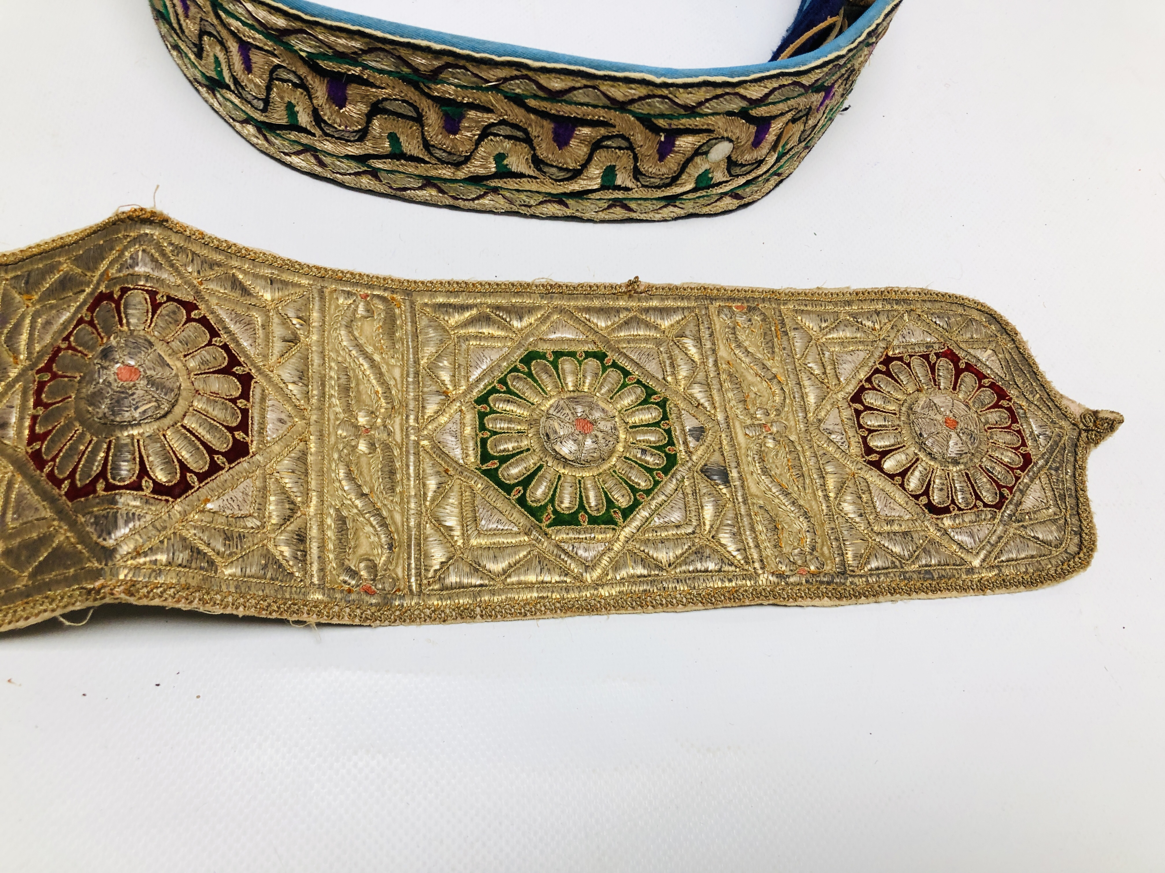 TWO MIDDLE EASTERN WOVEN BELTS ALONG WITH A VINTAGE METAL WORK THREADED PANEL - Image 3 of 11