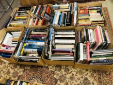 8 large boxes containing a variety of subjects: arts, travel, history, geography, classics.