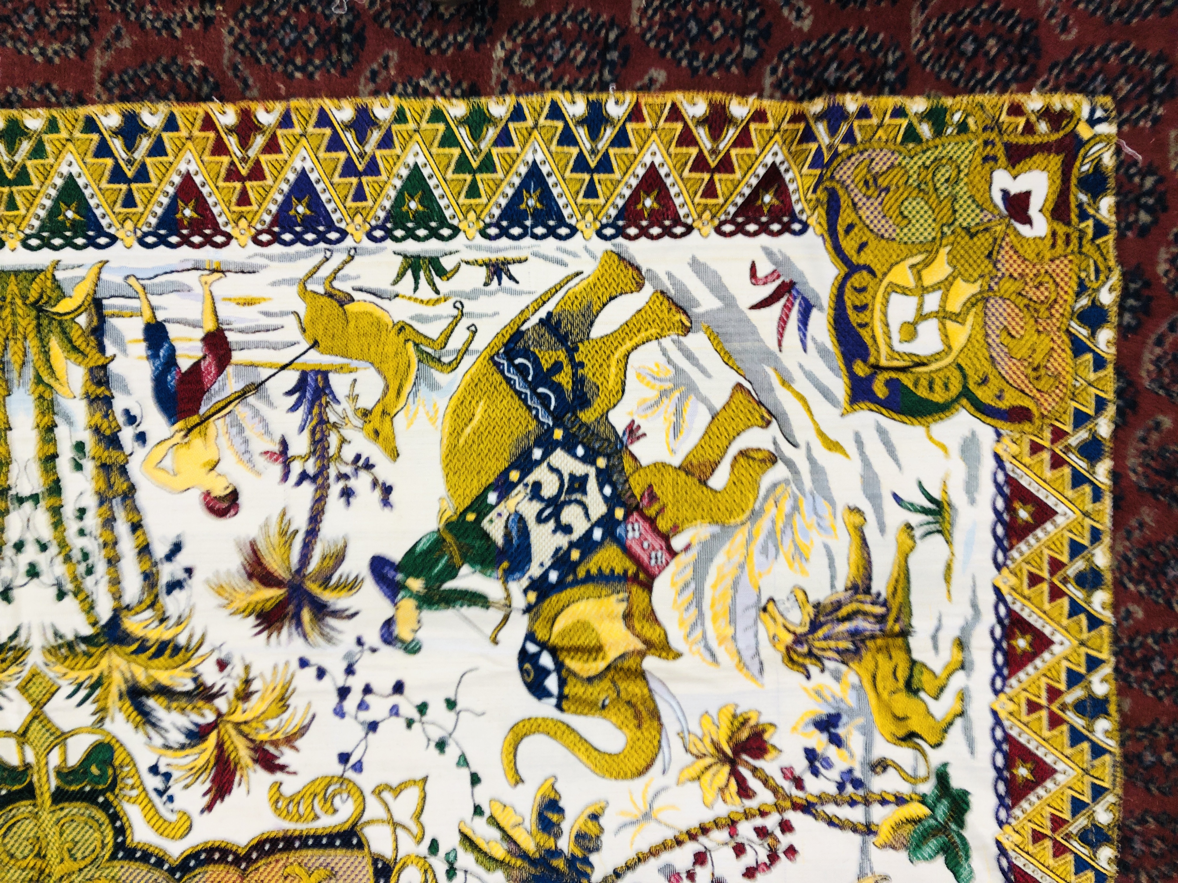 A GROUP OF SIX INDIAN NEEDLEWORK WALL HANGING PANELS, TO INCLUDE HUNTING SCENE EXAMPLES. - Image 8 of 12